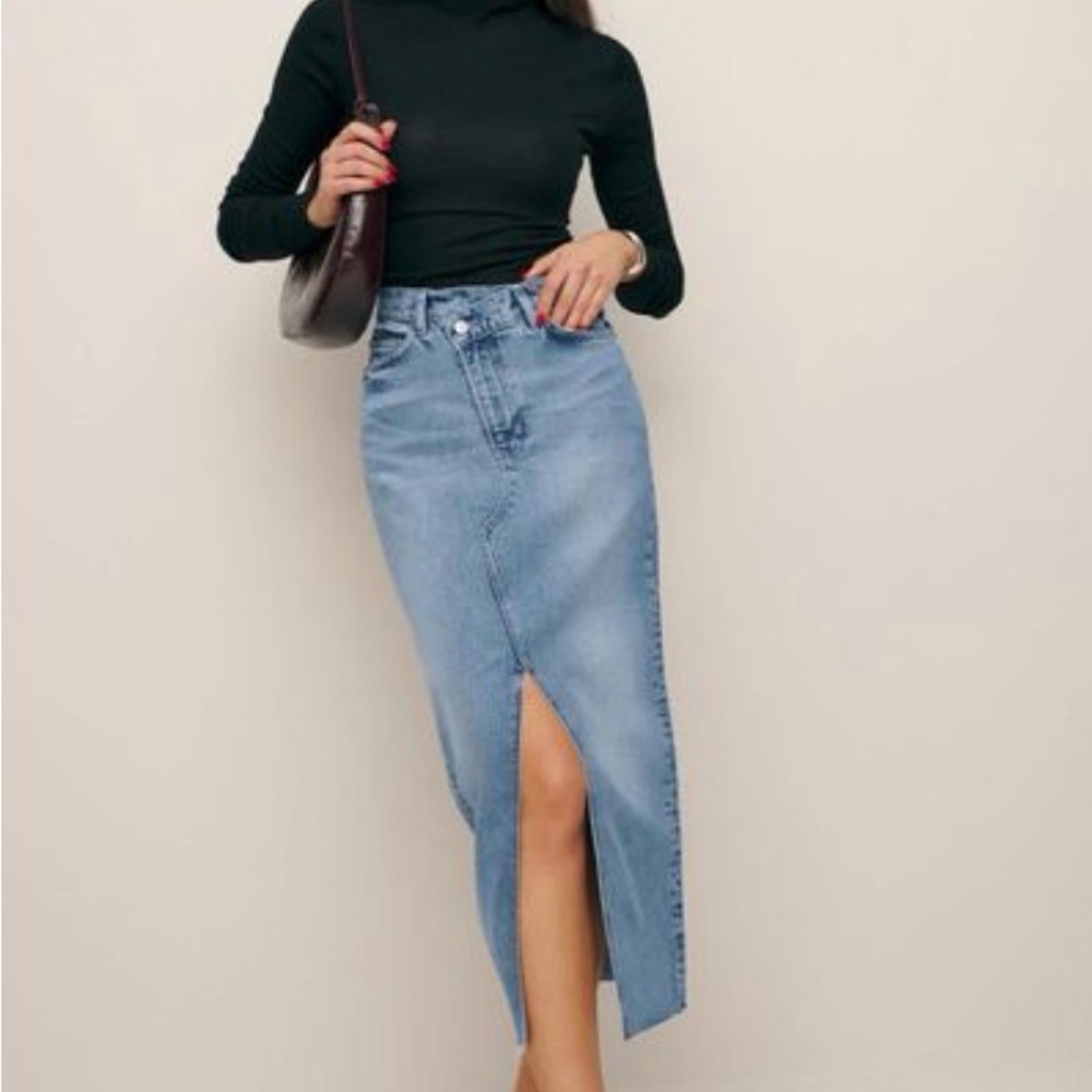 Reformation Light Blue Denim Midi Skirt with Front Slit